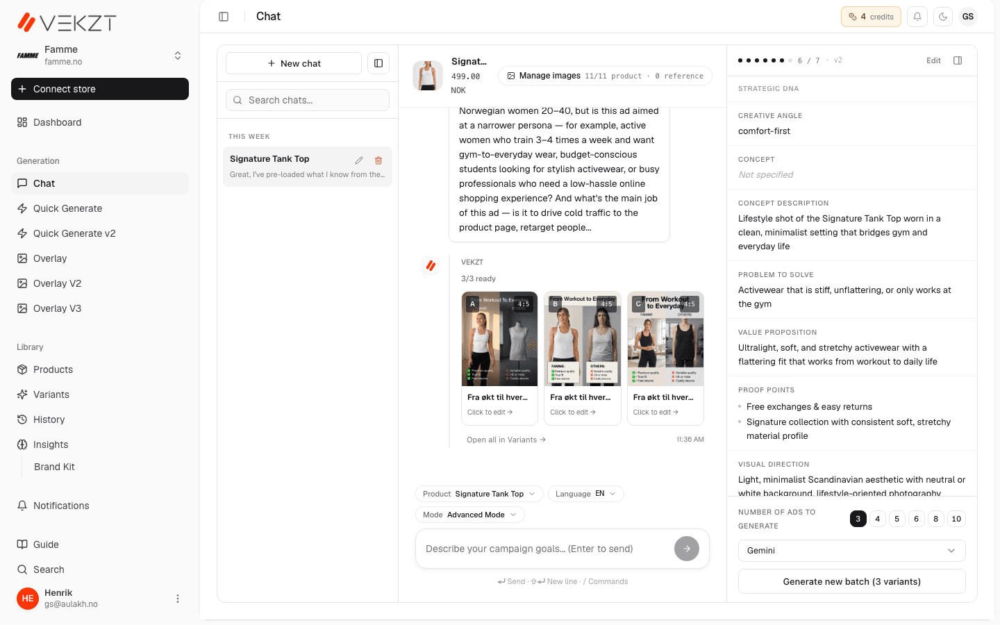 Building a creative brief in VEKZT chat, with variants generated inline