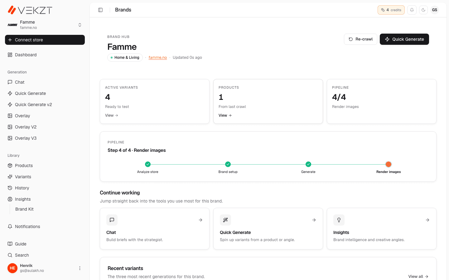 The VEKZT brand hub with generated ad variants