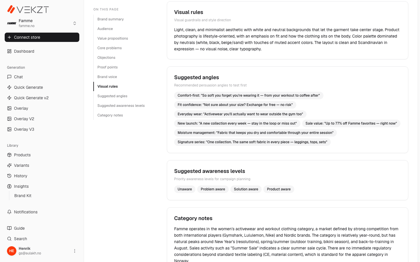 Suggested creative angles and awareness levels in VEKZT Insights