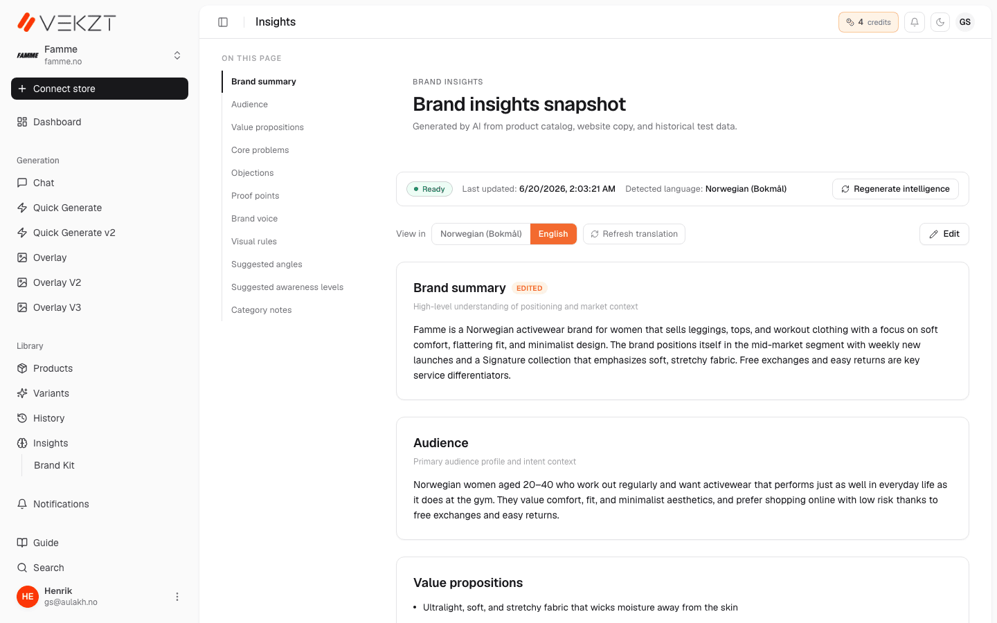 The Brand Insights snapshot with summary, audience, voice, and angles
