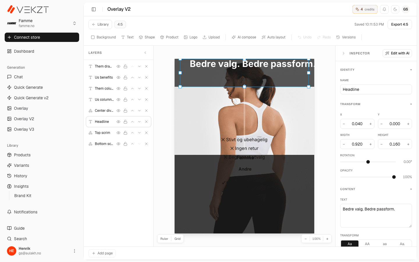 Overlay canvas editor in VEKZT with a text layer selected