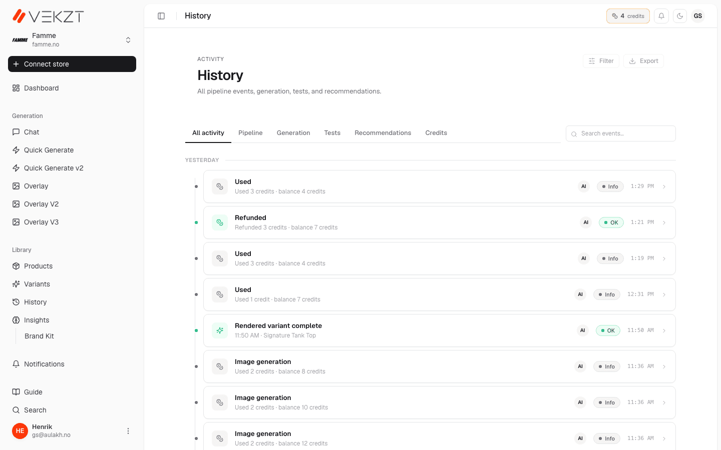 The activity log listing generation, render, and credit events